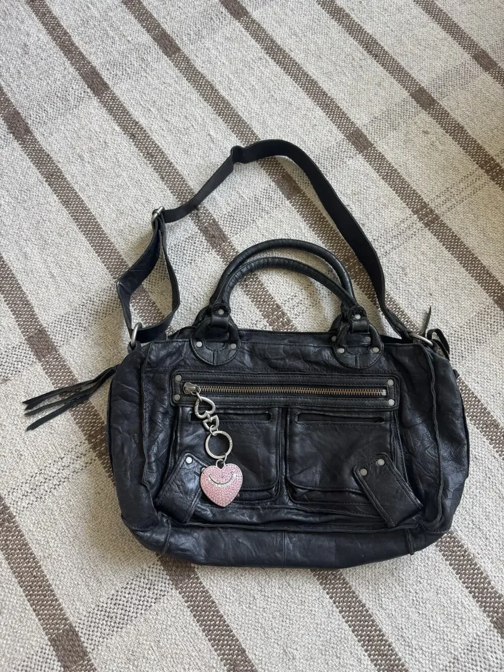 Y2K Juicy Couture Black Leather Large Purse Downtown Royal Tote Crossbody USA